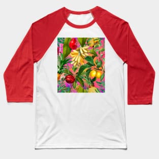 Vibrant tropical floral leaves and fruits floral illustration,botanical illustration, tropical plants, Pink fruit pattern over a Baseball T-Shirt